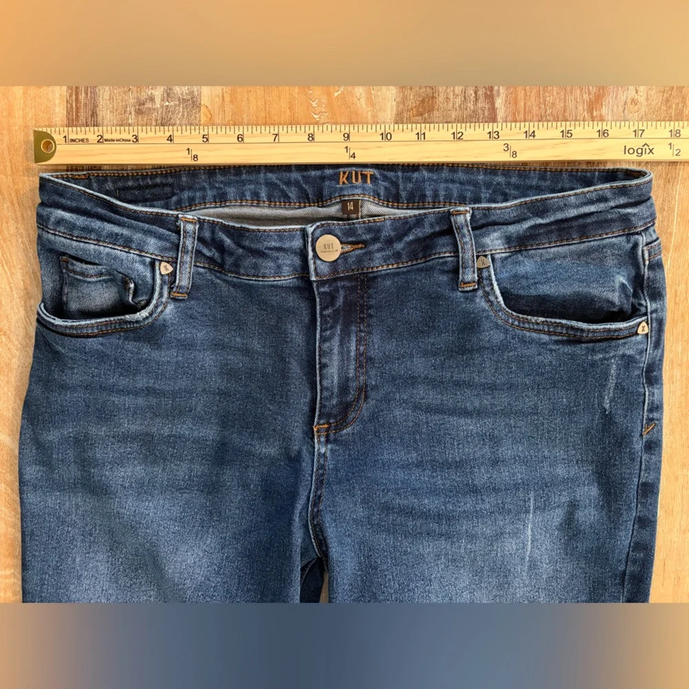KUT from the Kloth Ankle Straight Leg Jeans Size 14 Dark Wash Cuffed Raw Hem
